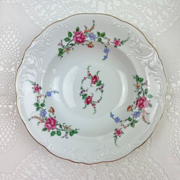 Wawel 4 Rimmed China Soup Bowls Poland Embossed Scalloped White Pink Roses - Picture 5 of 12